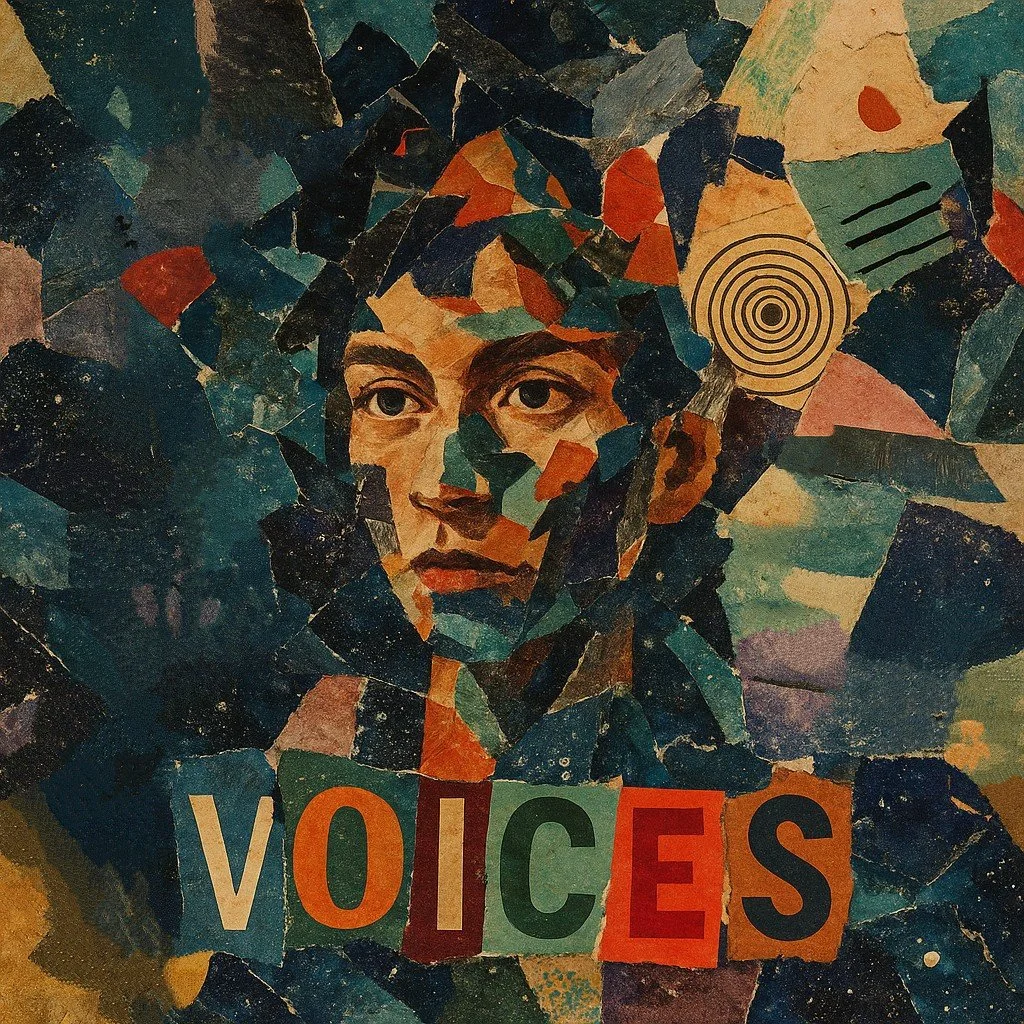 Chaotic collage forming a face, with the word "Voices".